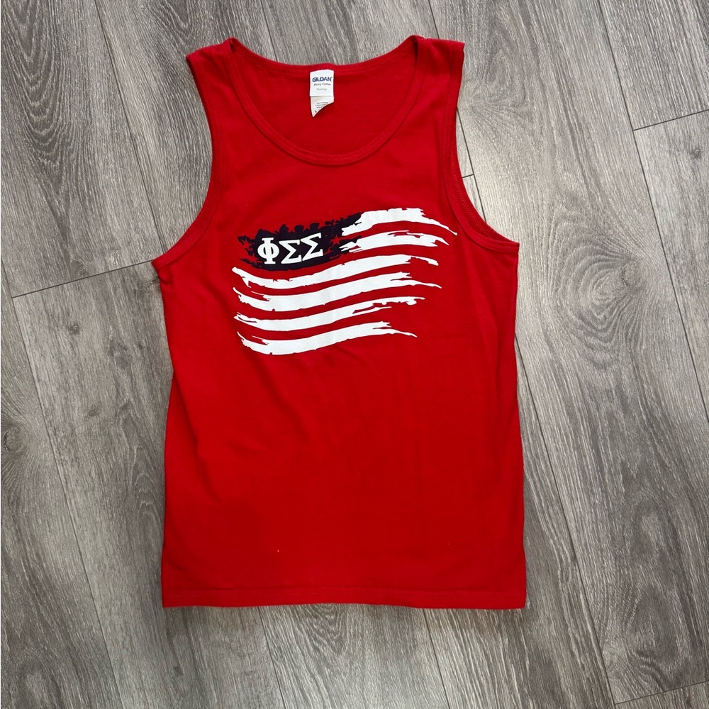 Gildan Red Tank Top with Greek Letters and Flag Design